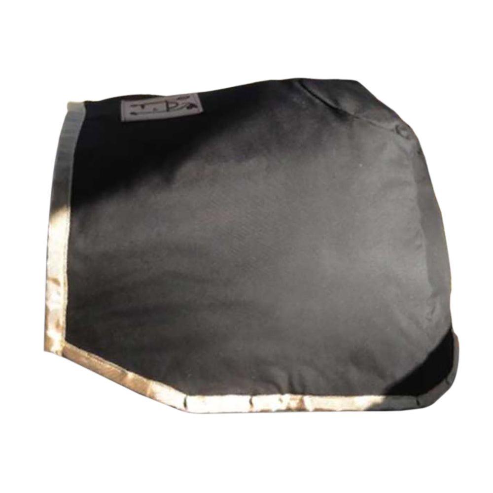 Black vinyl pizza oven cover with beige trim and stitched edges, folded drape