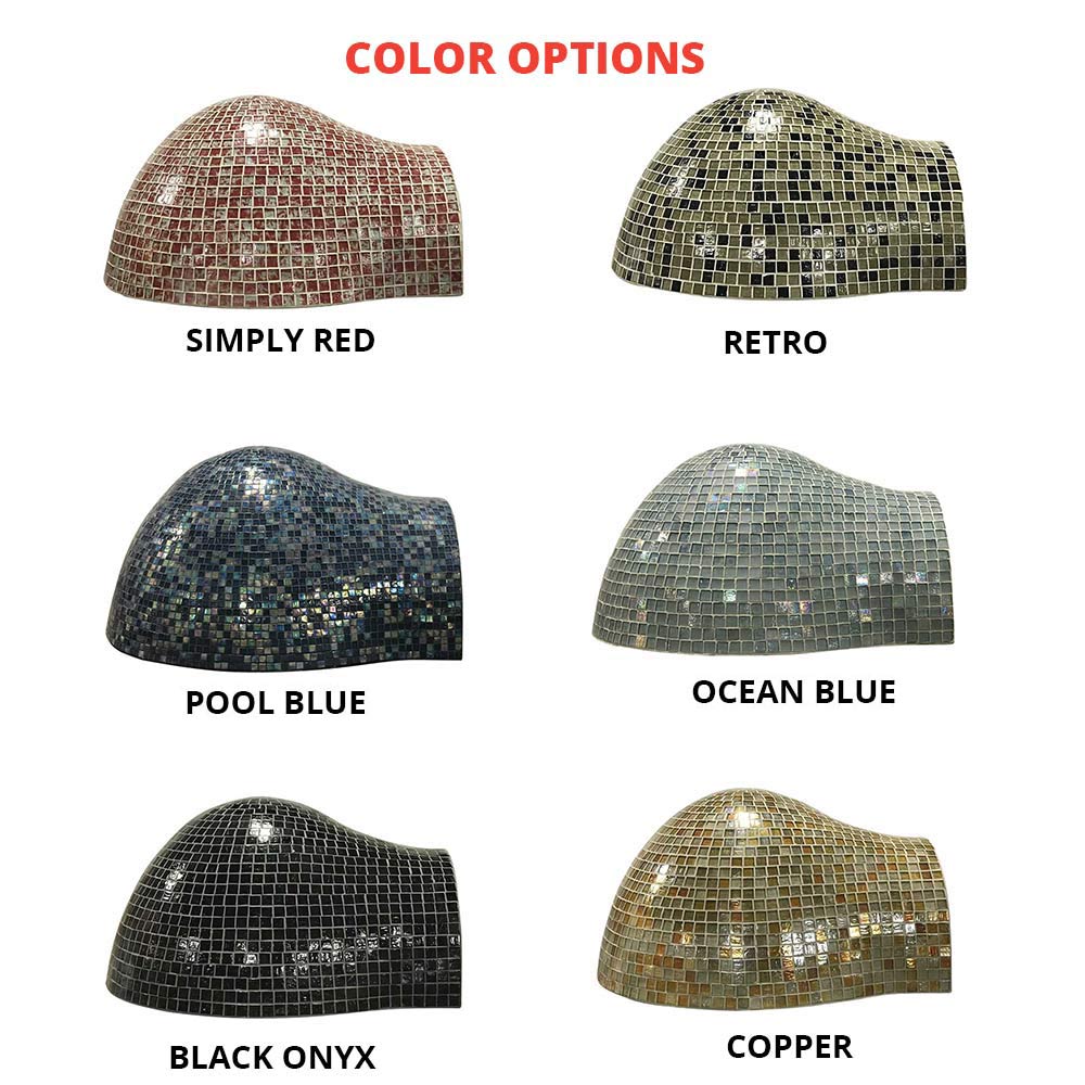 Pizza oven color options showing six glass tile dome designs in red, blue, black, copper