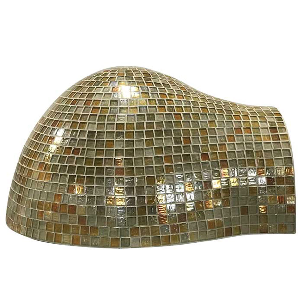 Glass tile pizza oven dome in copper and dark mosaic with central metal badge