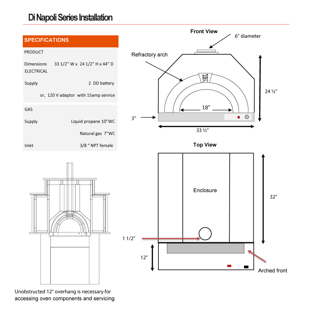 Pizza oven installation diagram with dimensions, gas inlet, and enclosure layout