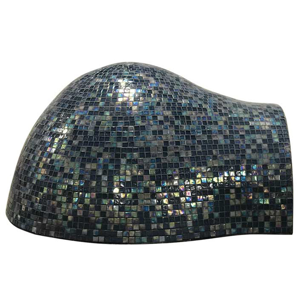 Glass tile pizza oven dome with arched profile, dark blue iridescent mosaic tiles