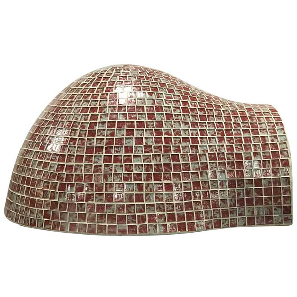 Glass tile pizza oven dome with arched profile, red and silver mosaic tiles