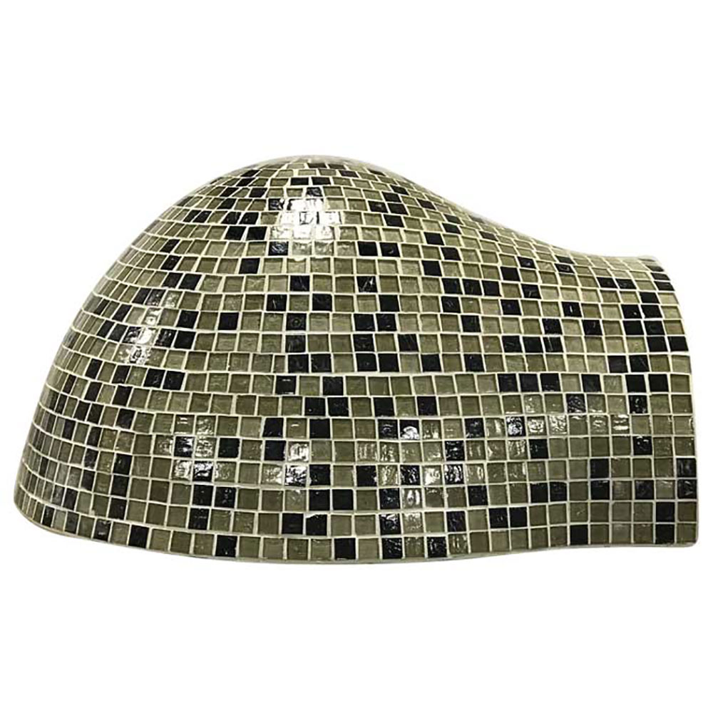 Glass tile pizza oven dome with copper mosaic grid pattern and central badge