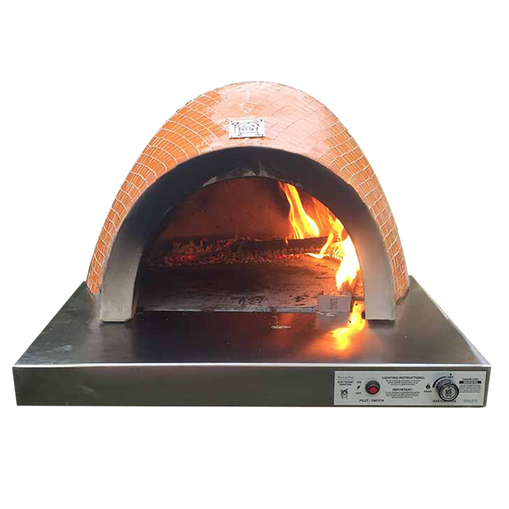 Built-in glass tile pizza oven with copper arched dome, open fire glowing inside
