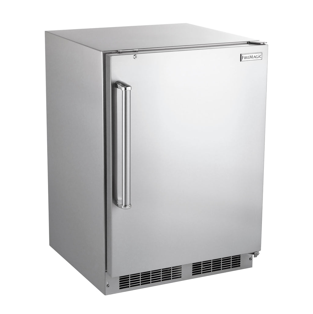Fire Magic outdoor-rated refrigerator, stainless door with handle and base vents