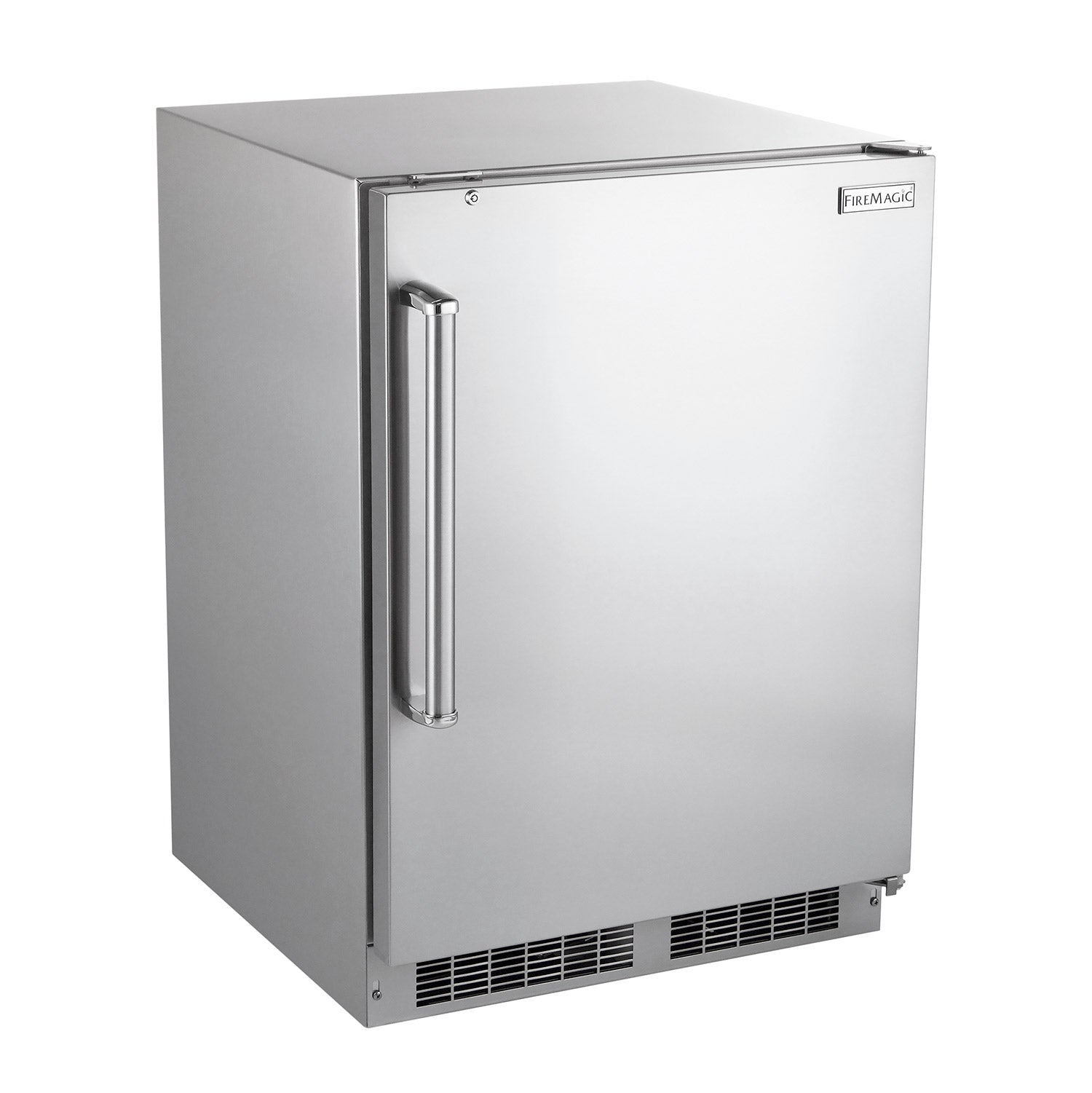 Fire Magic outdoor-rated refrigerator, stainless door with handle and base vents