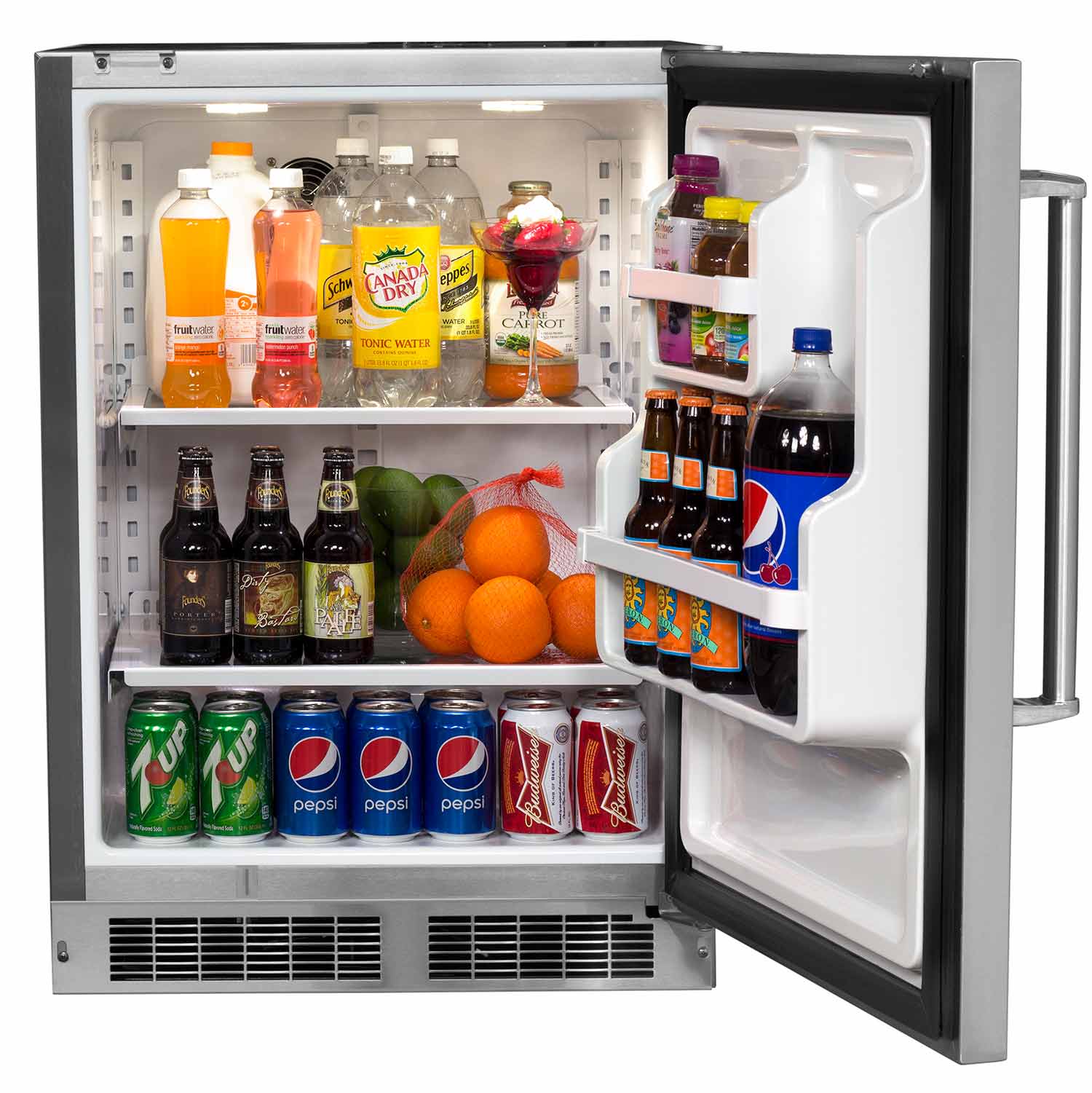 Open Fire Magic outdoor-rated refrigerator showing interior shelves with drinks and containers