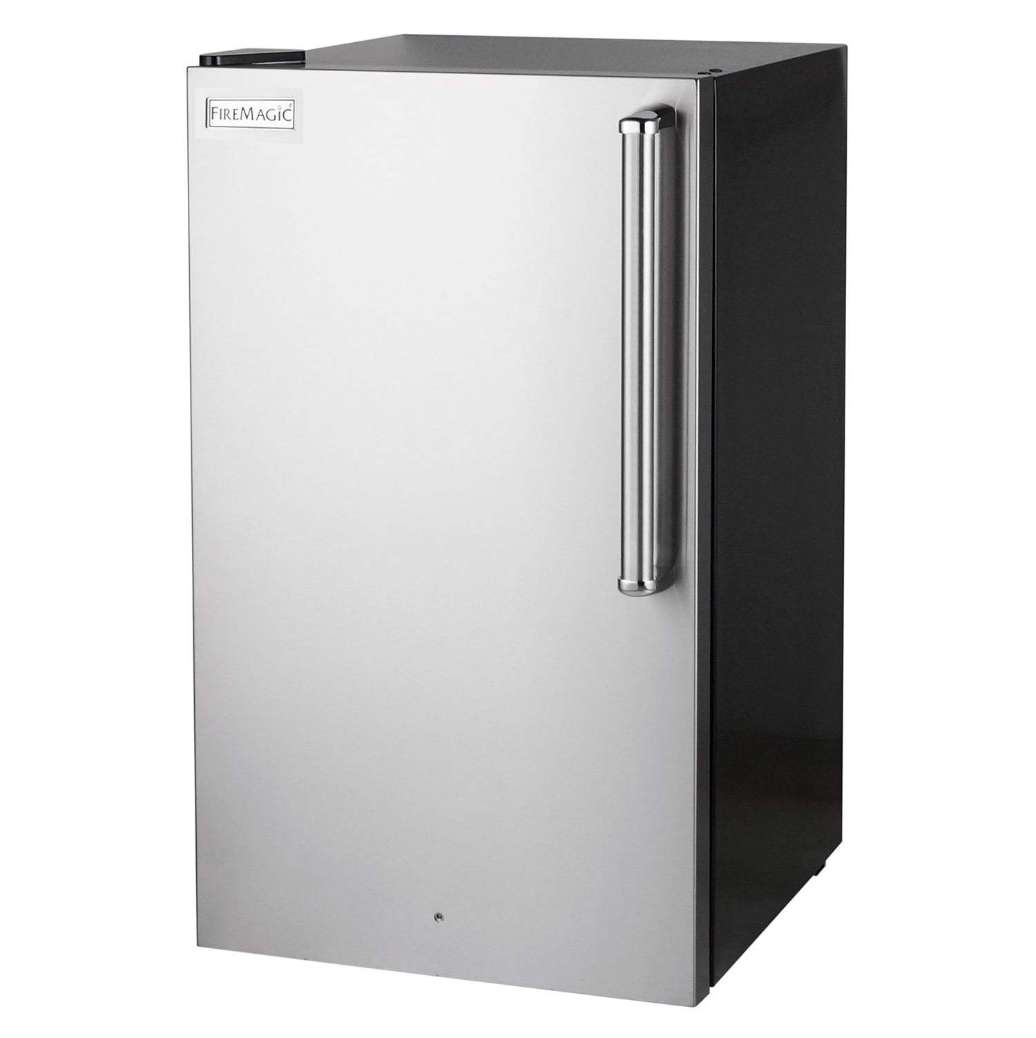 Outdoor refrigerator with stainless steel handle, black side panels, and flat door
