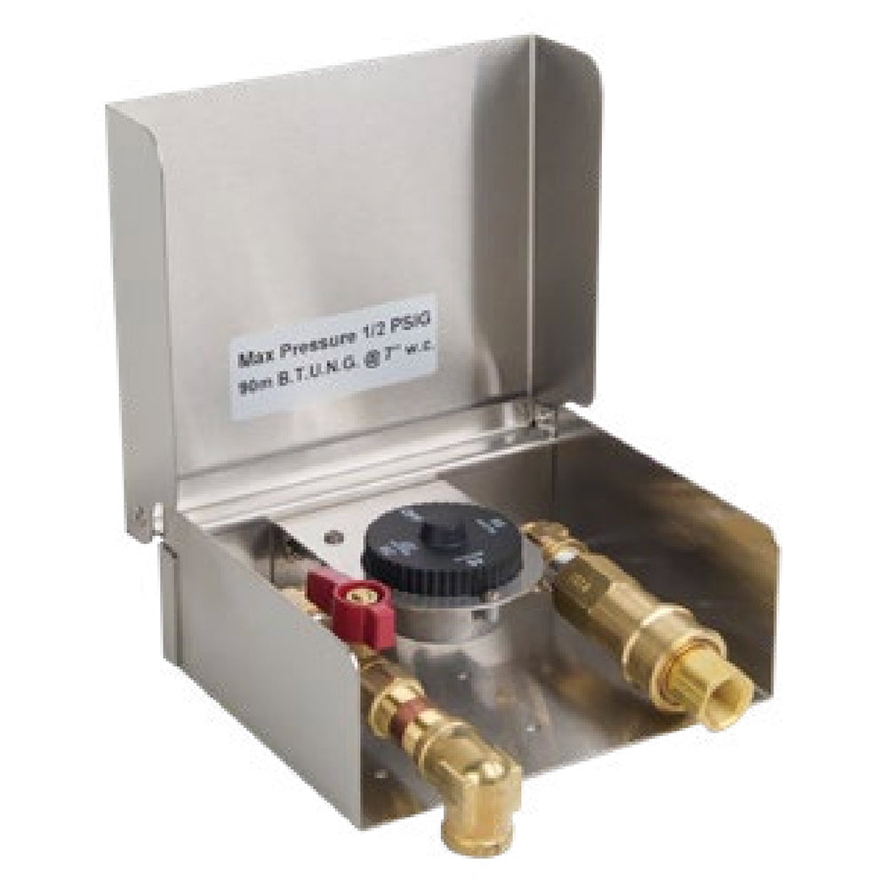 Gas connection box with brass fittings and black regulator, open cover showing controls