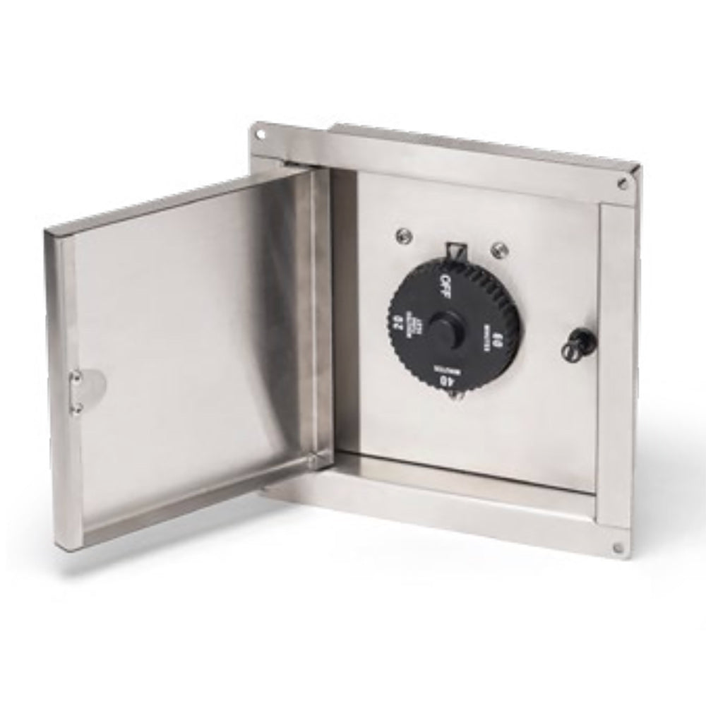 Stainless gas timer box with open door and control dial