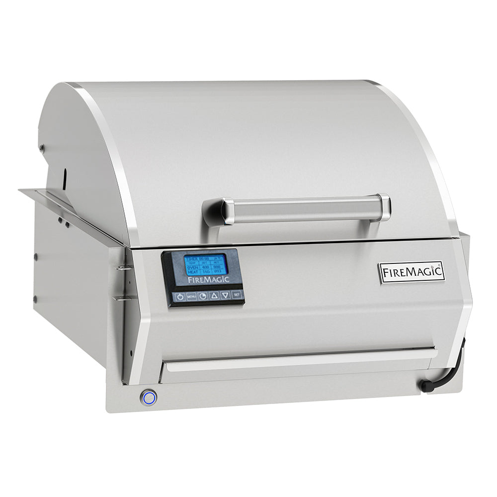 Built-in electric grill with domed lid, control panel and FireMagic badge