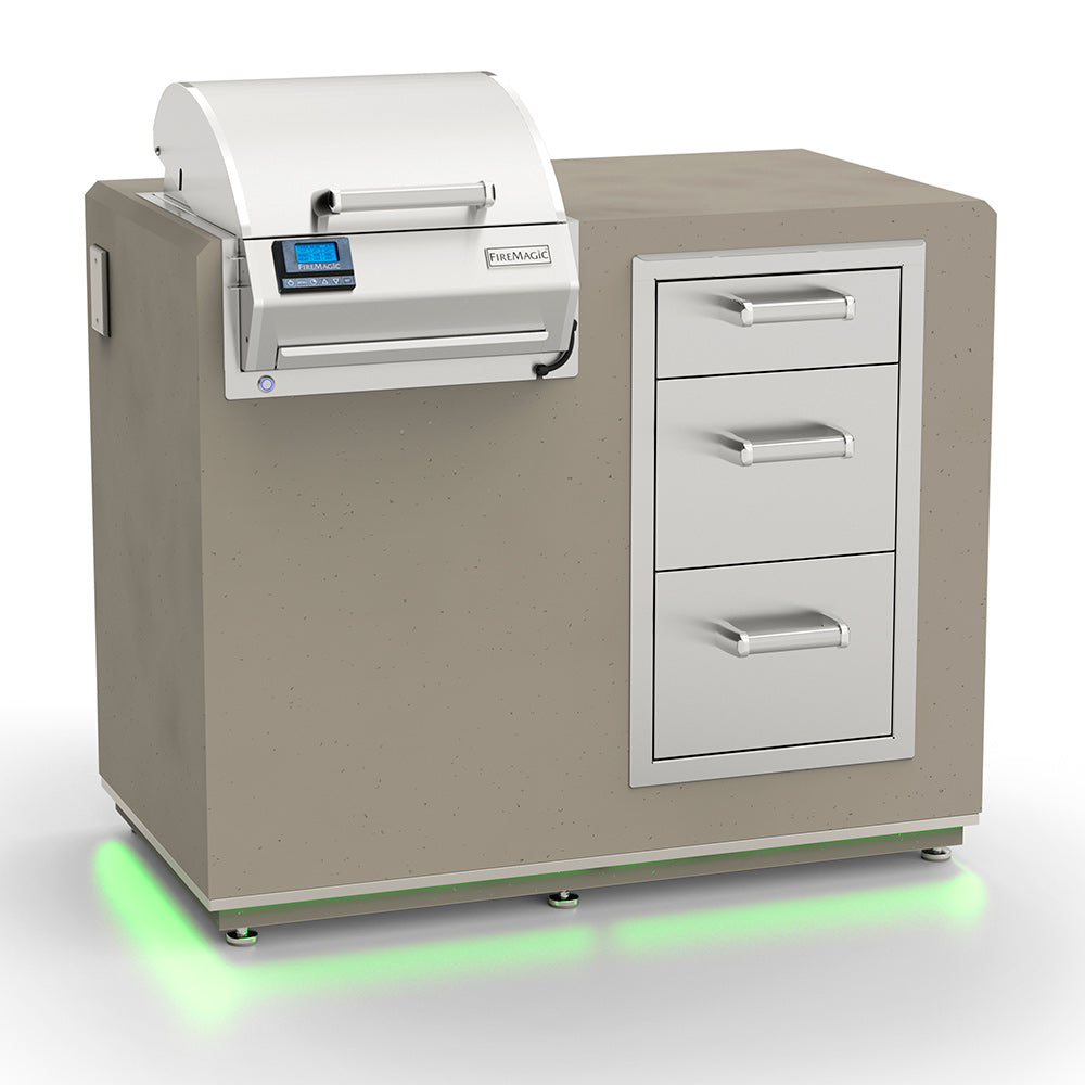 Electric grill island with white grill head and triple drawer cabinet, side control panel.