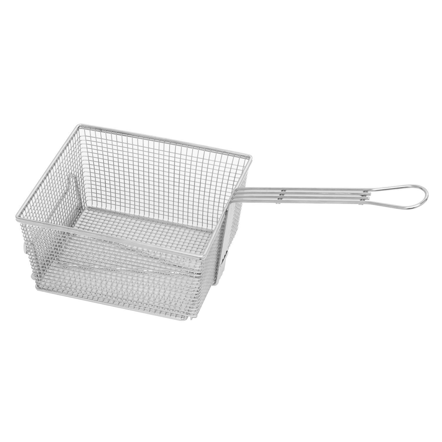 Stainless steel fryer basket with wire mesh and side lifting handle, rectangular tub