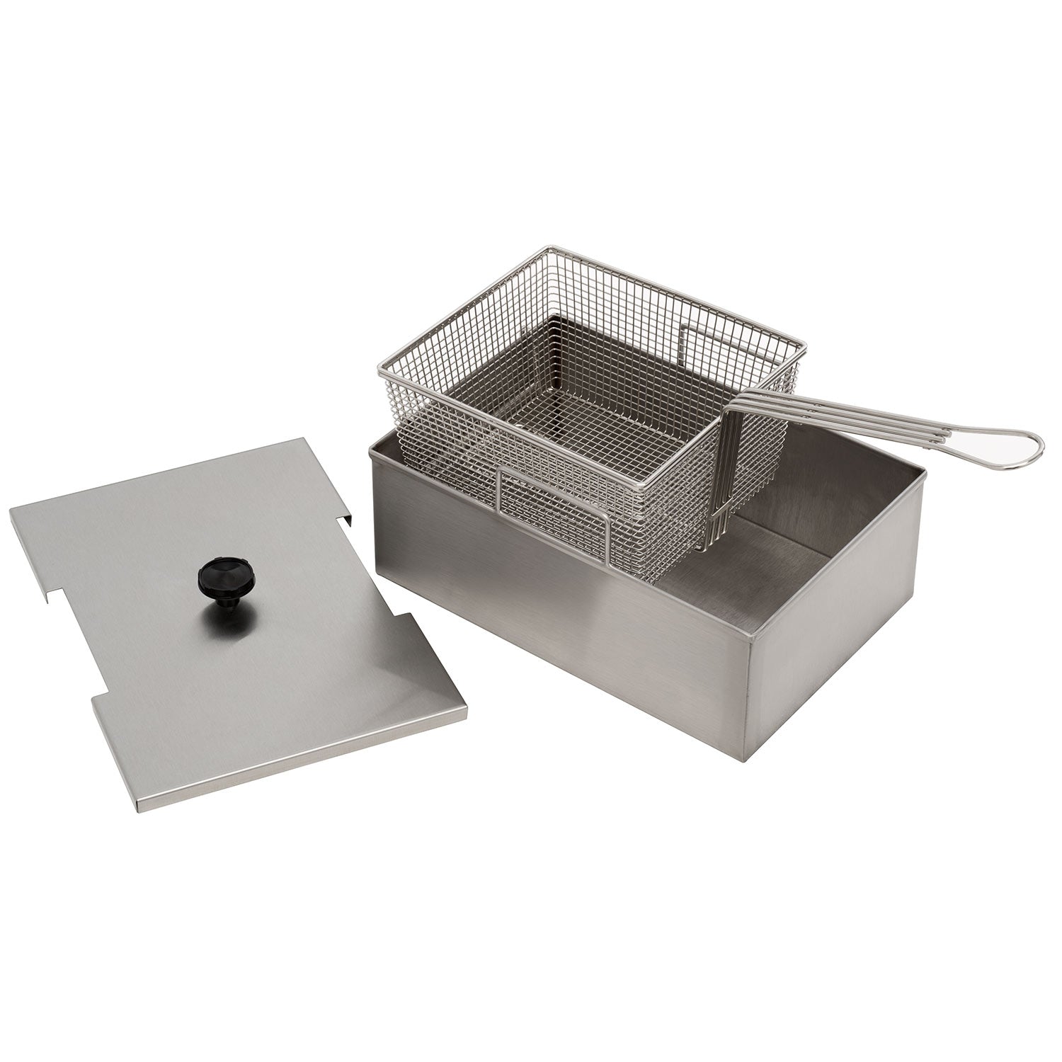 Stainless steel fryer basket insert with wire mesh and lifting handle, on base tray