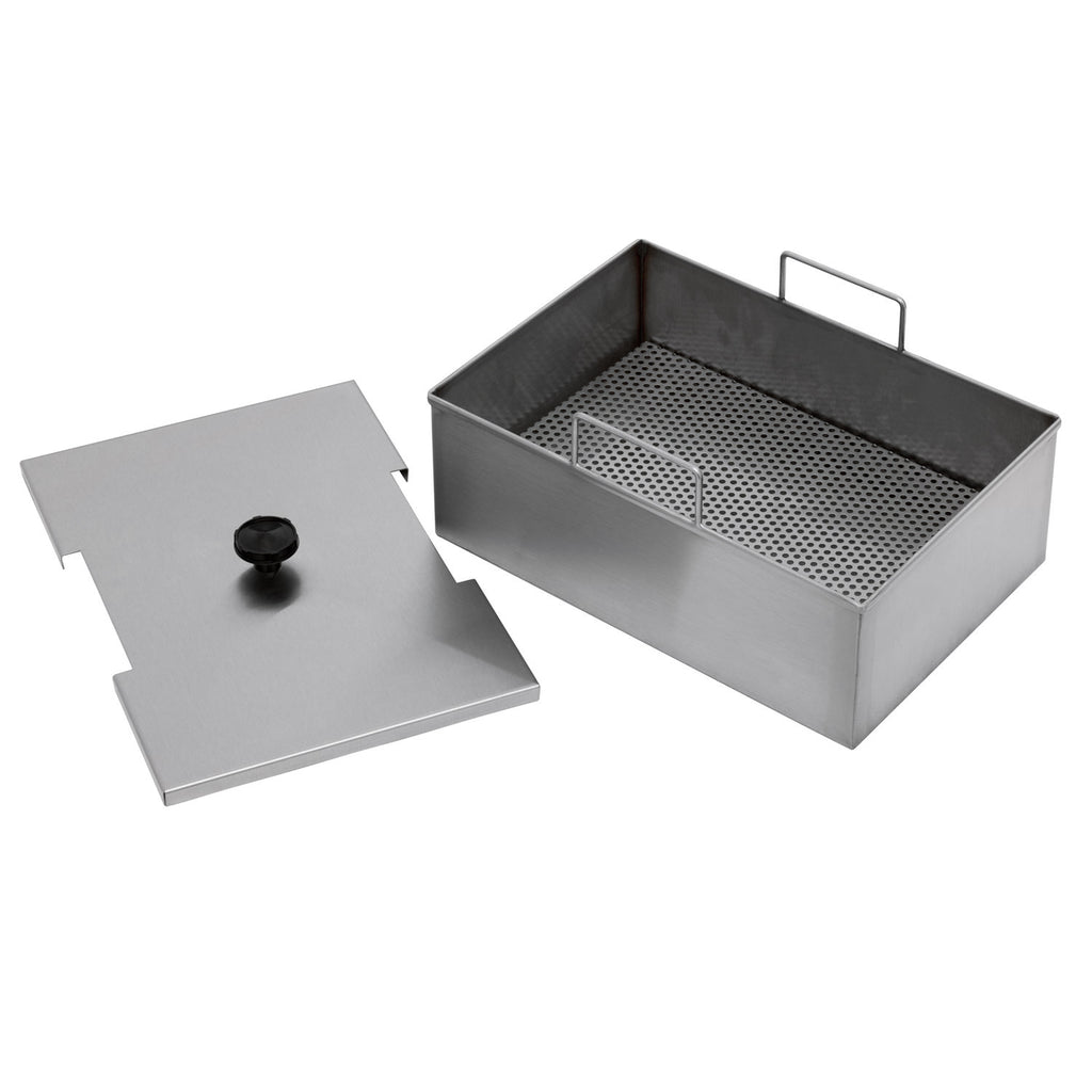 Grill fryer and steamer accessory with perforated basket and lid, black knob