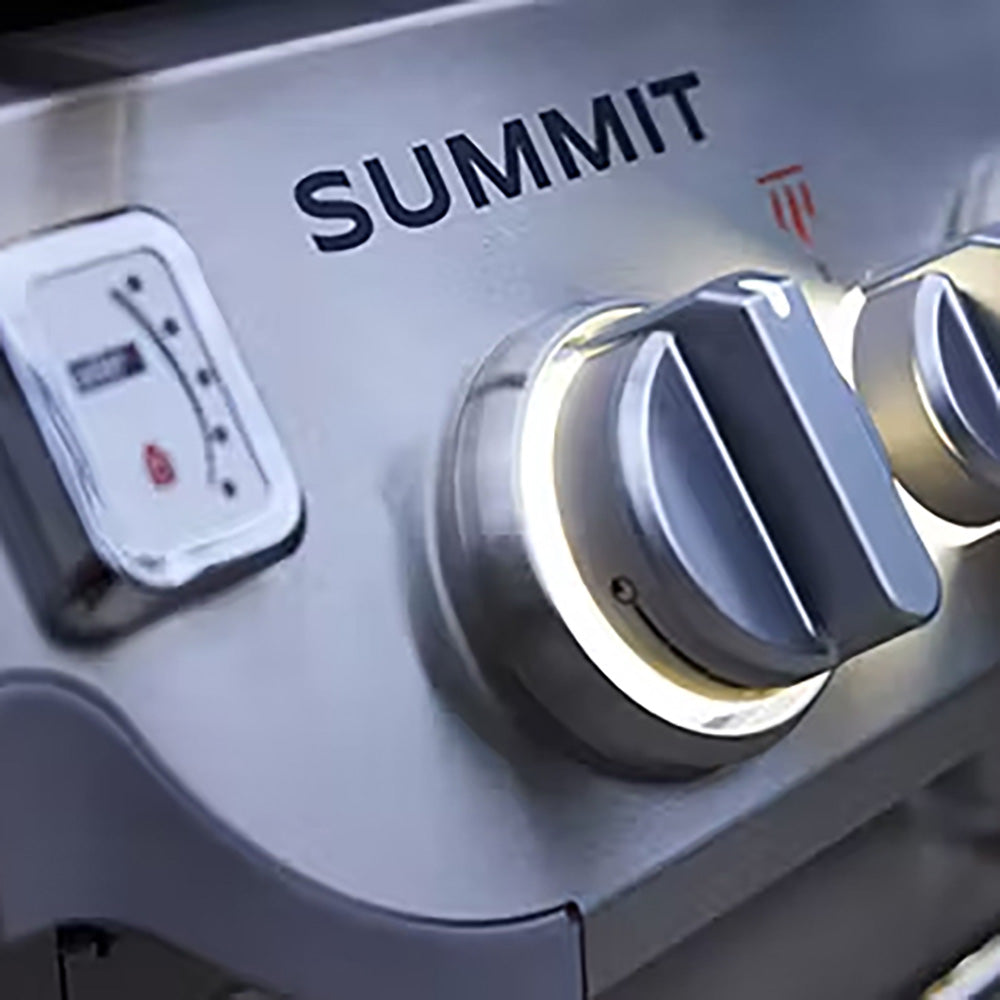 Gas grill control knob with SUMMIT label on stainless panel, igniter button