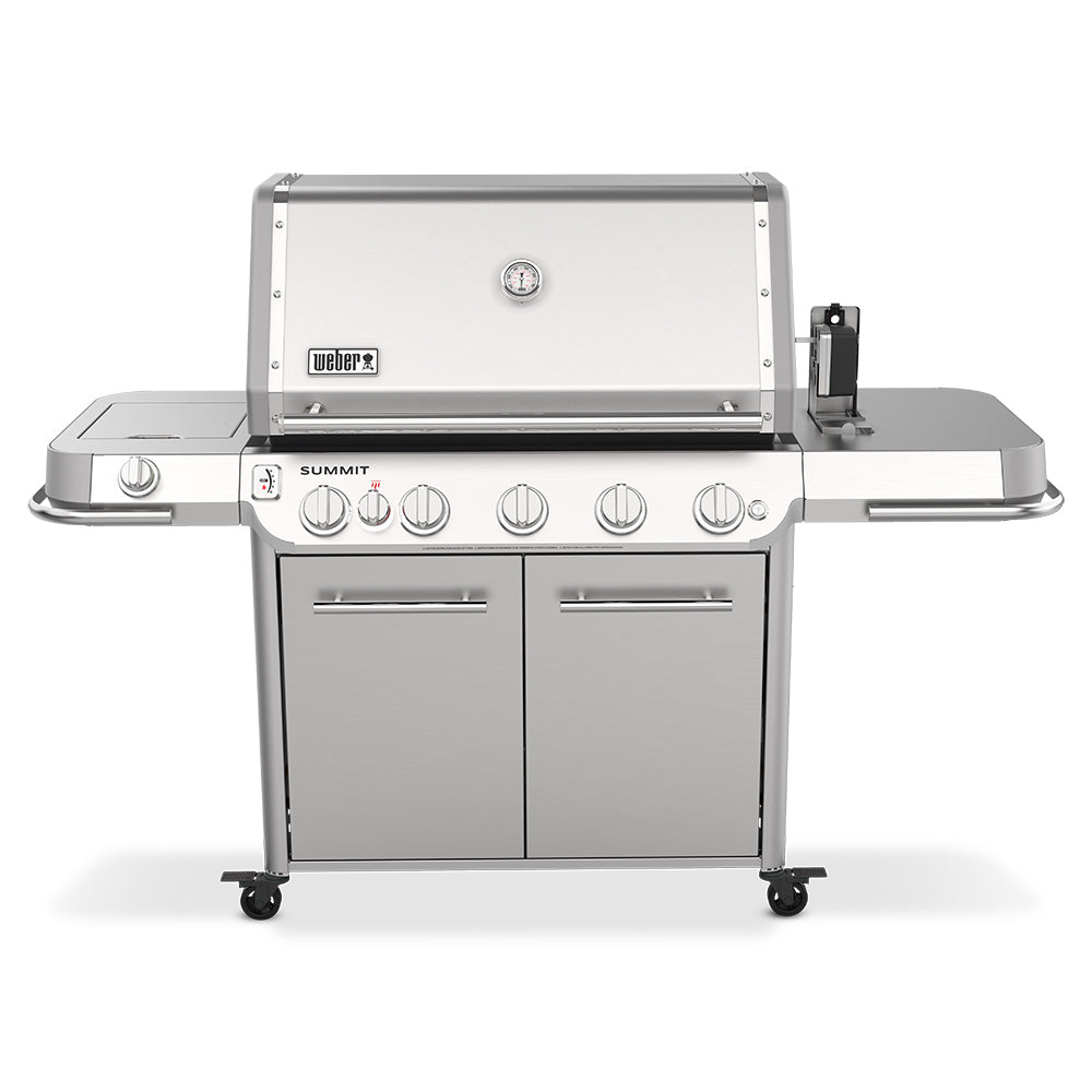Stainless steel gas grill with control knobs, double doors, lid closed, on wheels