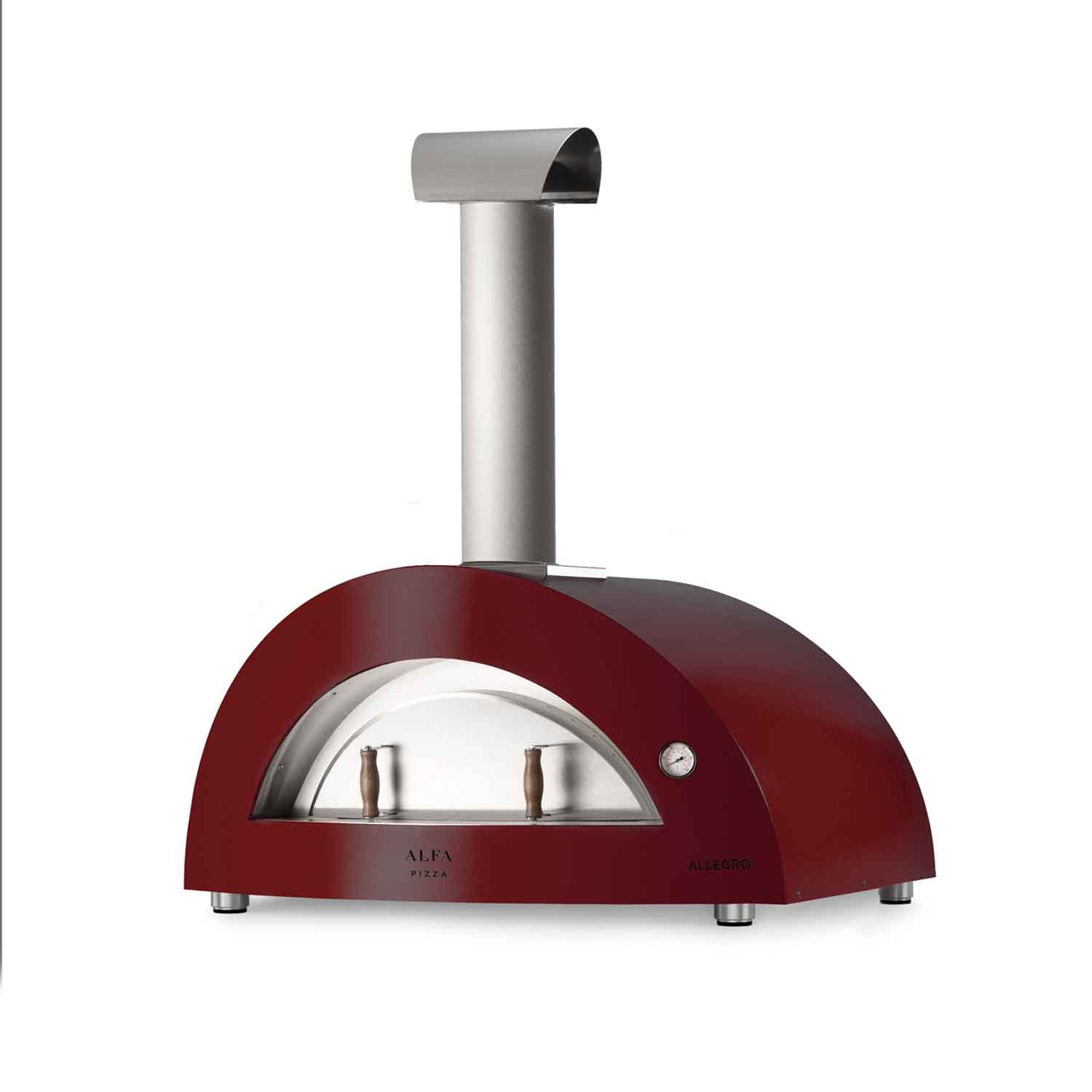 Antique red countertop wood-fired pizza oven with arched front and chimney flue