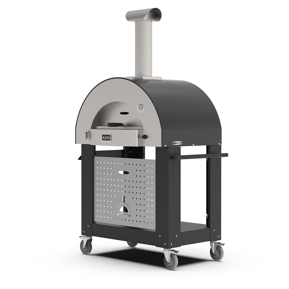 Freestanding gas pizza oven with dark round dome, open side support, perforated front storage, casters