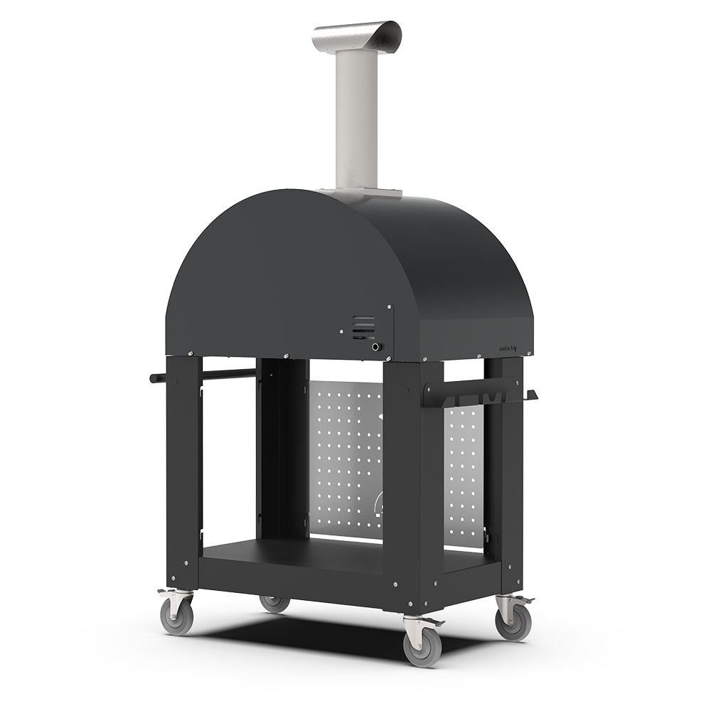 Freestanding gas pizza oven with dark round dome, perforated front panel, open storage base, wheels