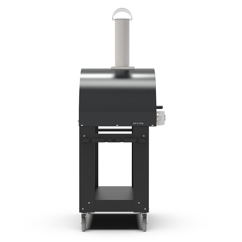 Freestanding gas pizza oven with dark round cooking hood, stainless flue, two-tier stand