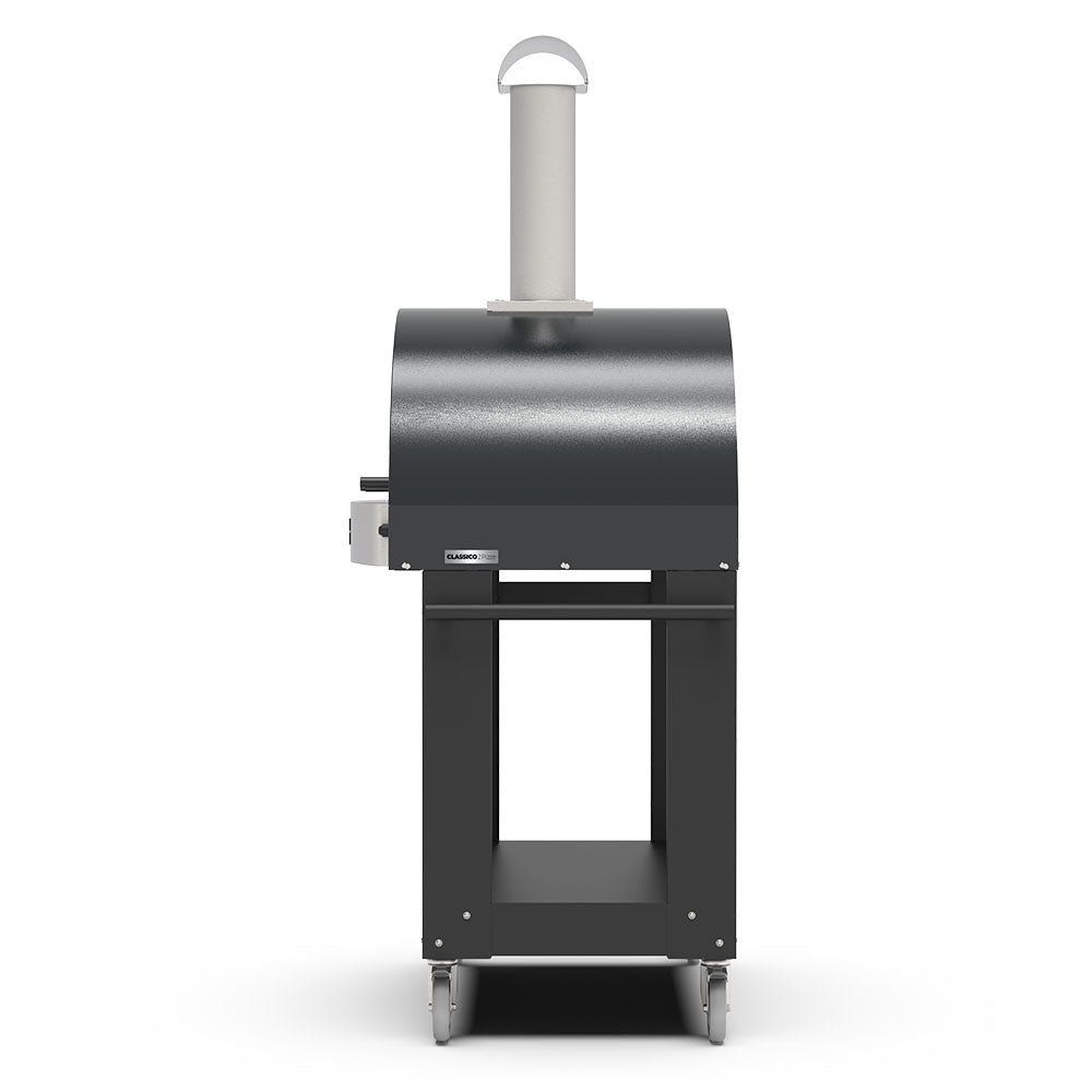 Freestanding gas pizza oven with dark round cooking hood and side controls, open stand, casters