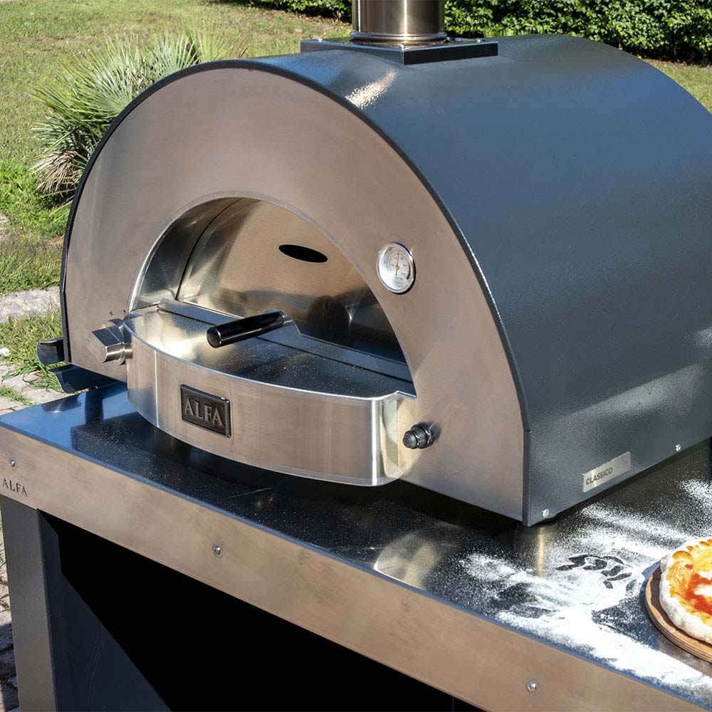 Alfa Classico 2 gas pizza oven, stainless front chamber with hinged door and handle
