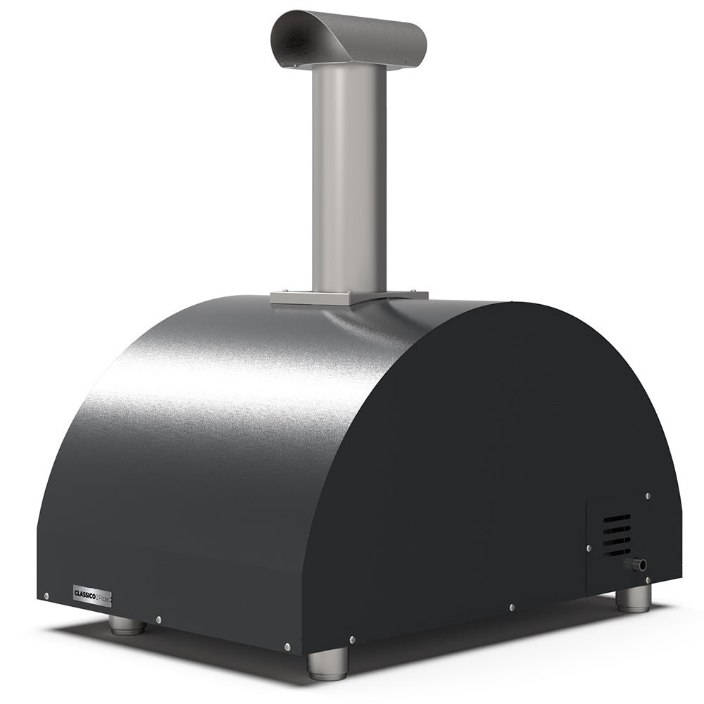 Alfa countertop gas pizza oven with gray body, chimney, and vented side panel