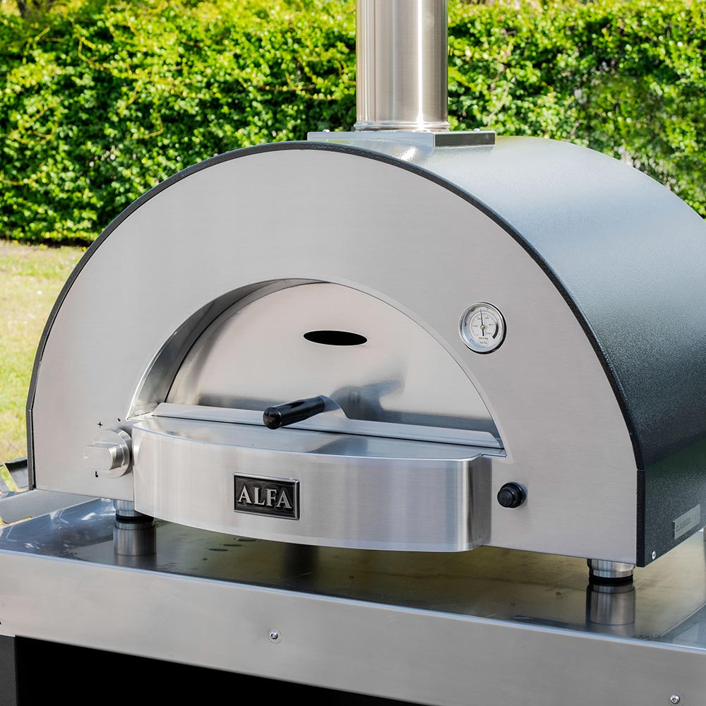 Alfa countertop gas pizza oven with domed front window and stainless steel firing deck