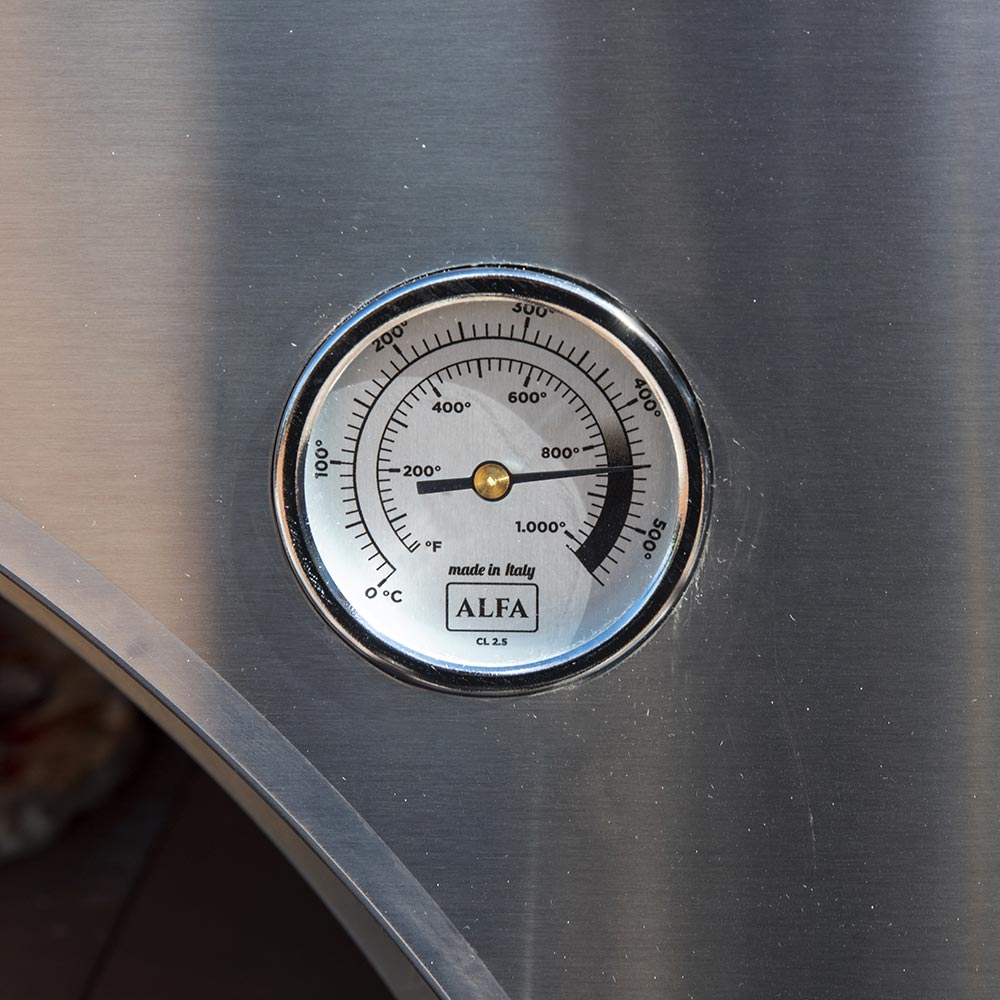 Temperature gauge dial on an Alfa countertop gas pizza oven with numbered heat scale