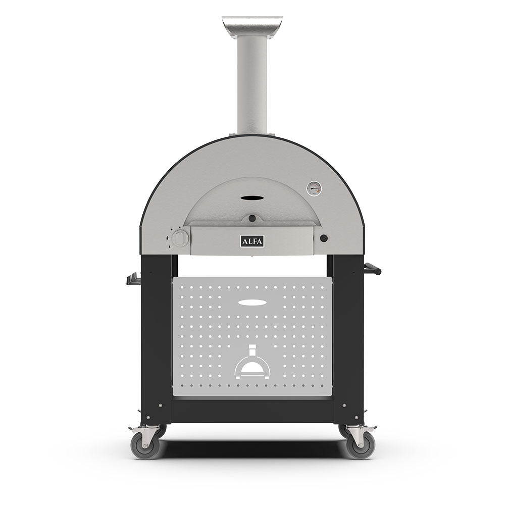 Freestanding wood-fired pizza oven on black cart, circular door and front opening