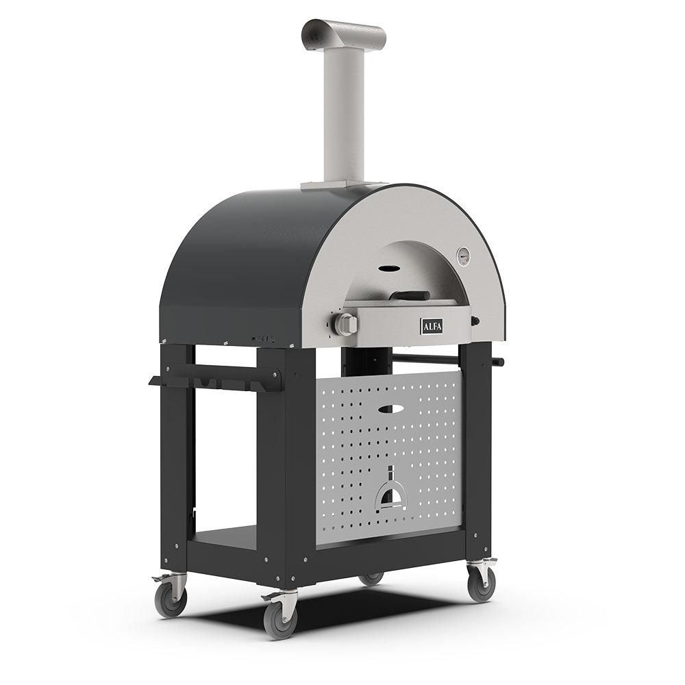 Freestanding wood-fired pizza oven with dark side panels, front cart and open firebox