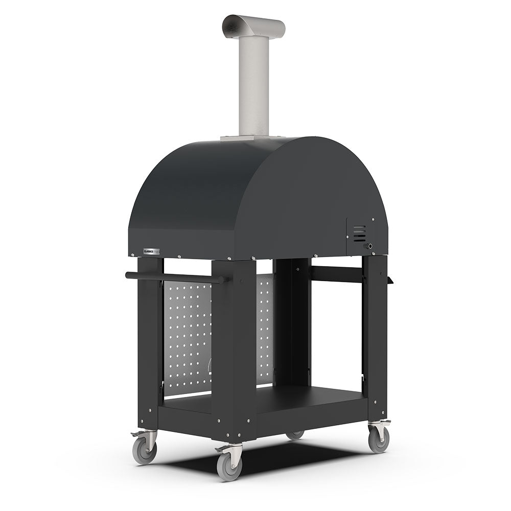 Freestanding wood-fired pizza oven with dark hood, open side panels and wheeled base