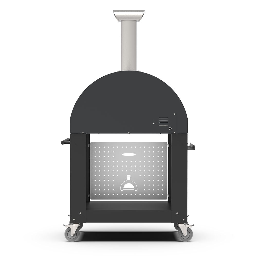 Freestanding wood-fired pizza oven with dark front, circular arch and control knobs on cart