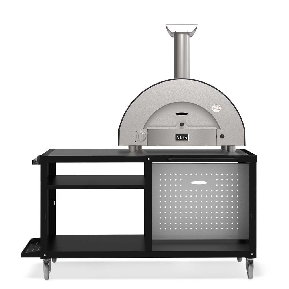 Wood-fired pizza oven with stainless chimney and arched gray dome, on black stand
