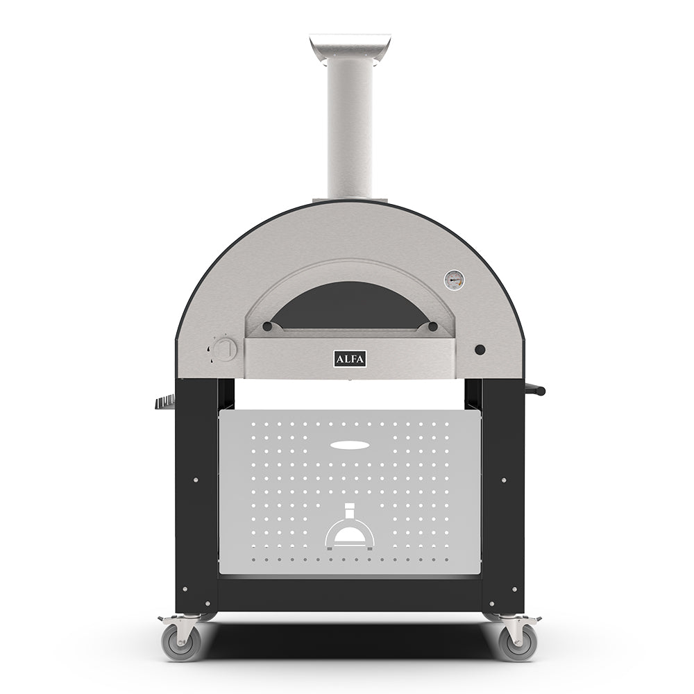 Freestanding gas pizza oven with stainless dome, front control panel, and wheeled base
