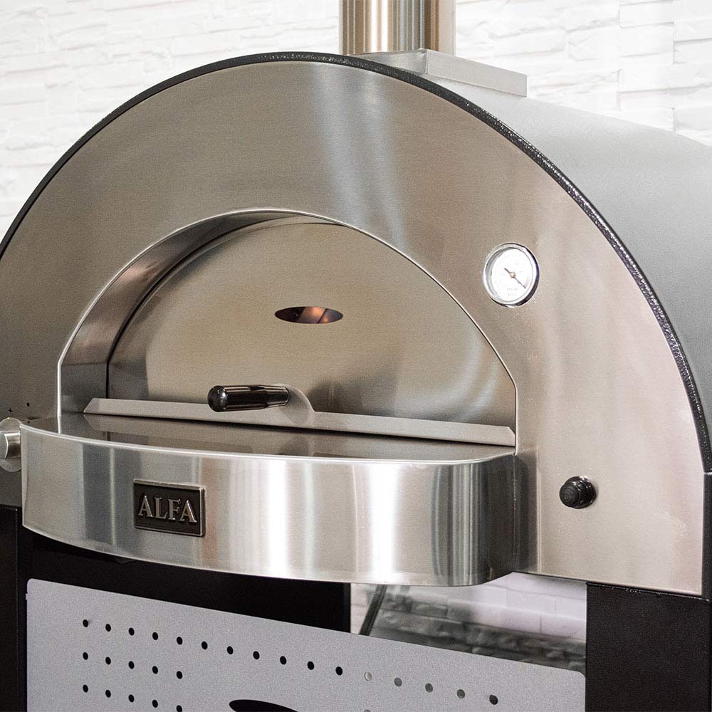 Gas pizza oven front chamber with stainless baking hood and round temperature gauge