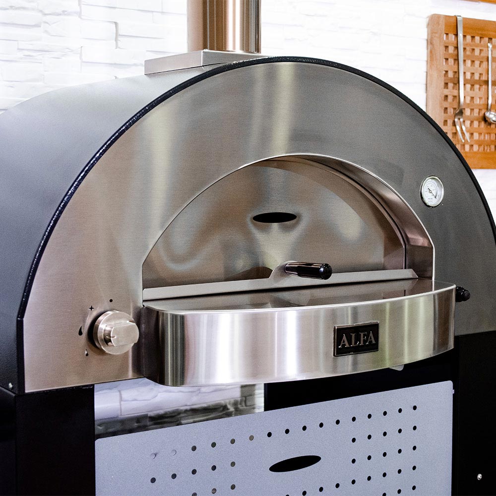 Freestanding gas pizza oven with arched stainless door and wheeled base