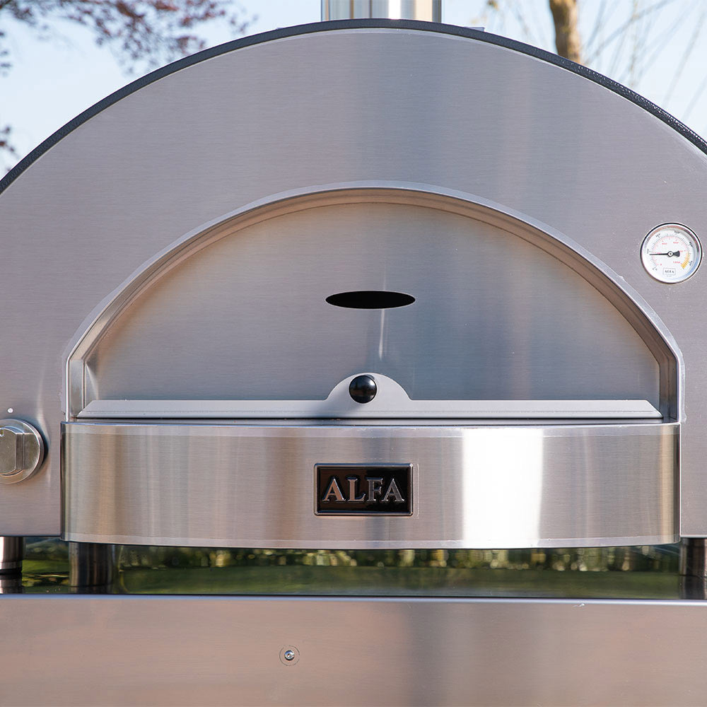 Alfa Classico 4 pizza oven close-up, brushed stainless door panel and round vent