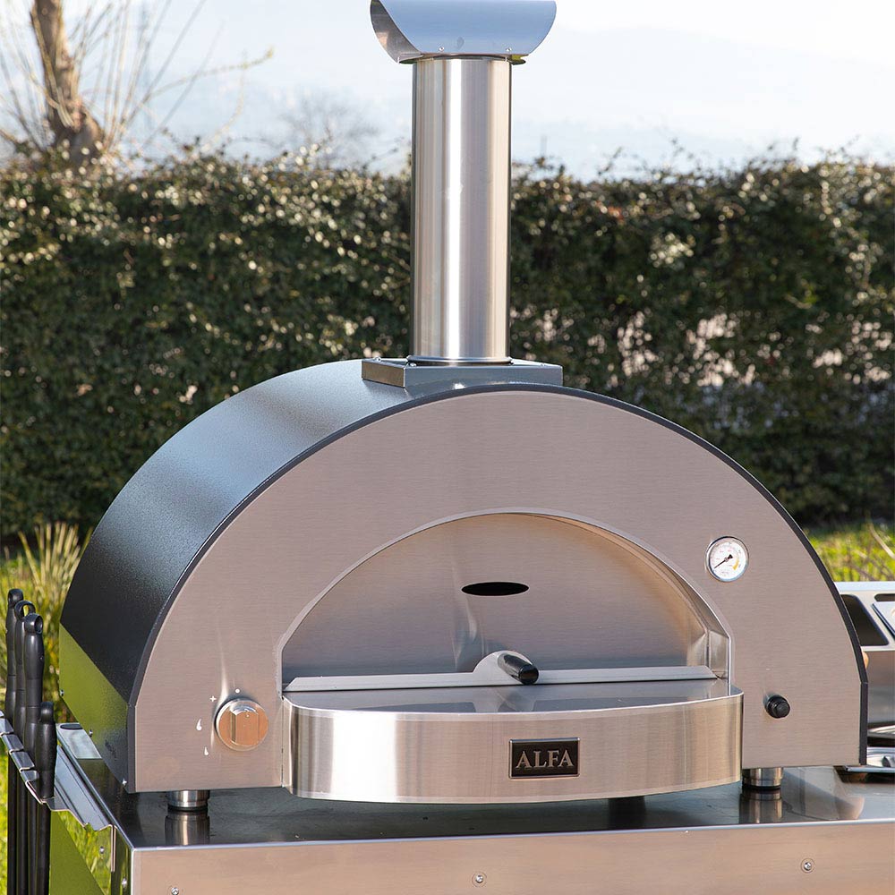 Alfa Classico 4 gas pizza oven, stainless front firebox with dark hood and chimney