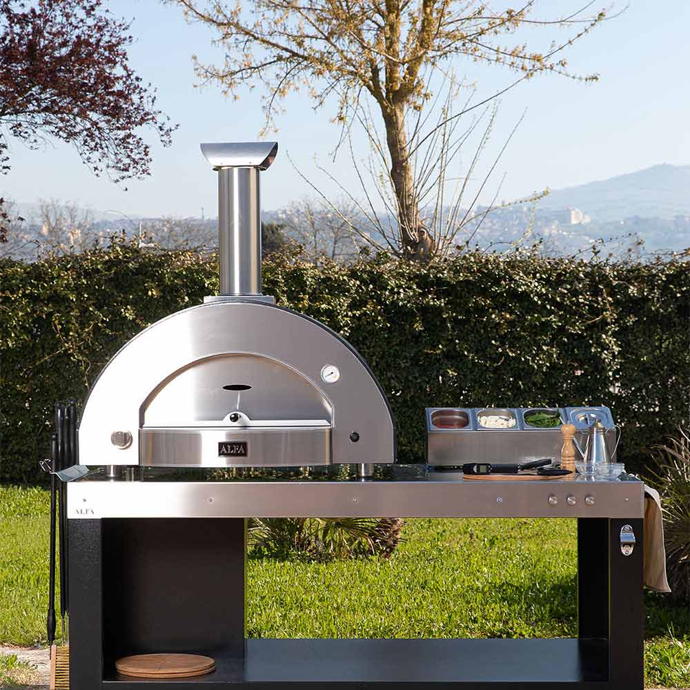 Alfa Classico 4 countertop pizza oven, full outdoor unit with stainless doors and chimney