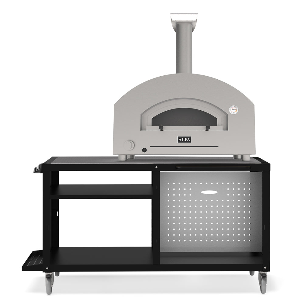 Pizza oven with stainless cooking chamber, arched dome and front gas control panel.