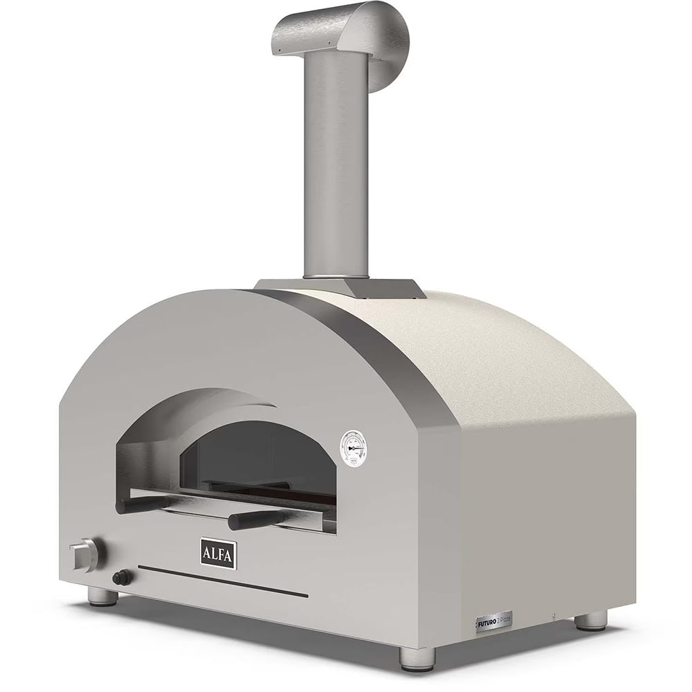 Countertop gas pizza oven with stone-colored body, front arched door, chimney stack