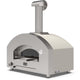 Countertop gas pizza oven with stone-colored body, front arched door, chimney stack