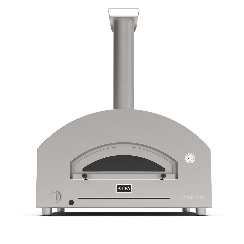 Countertop gas pizza oven with arched front and open baking chamber, ALFA logo plate