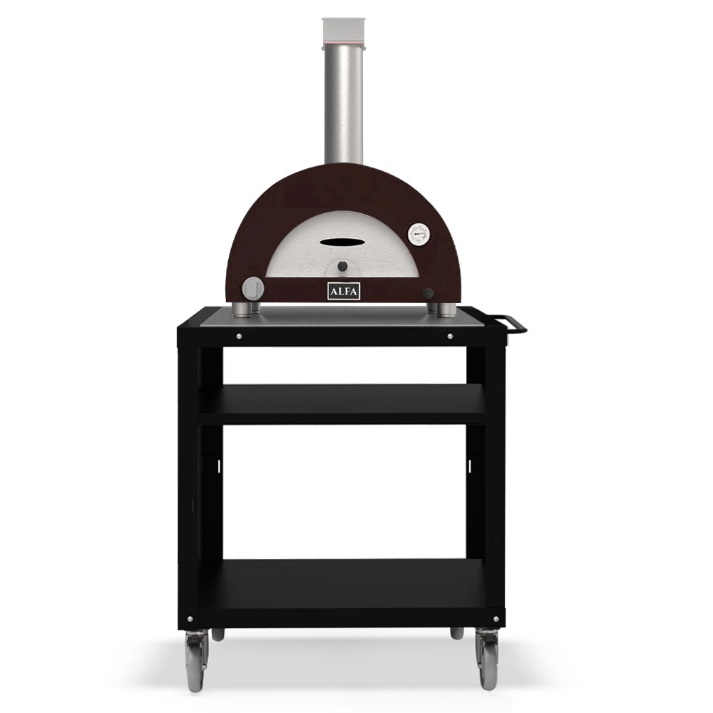 Pizza oven with dark cart and brown dome, front control panel and chimney stack