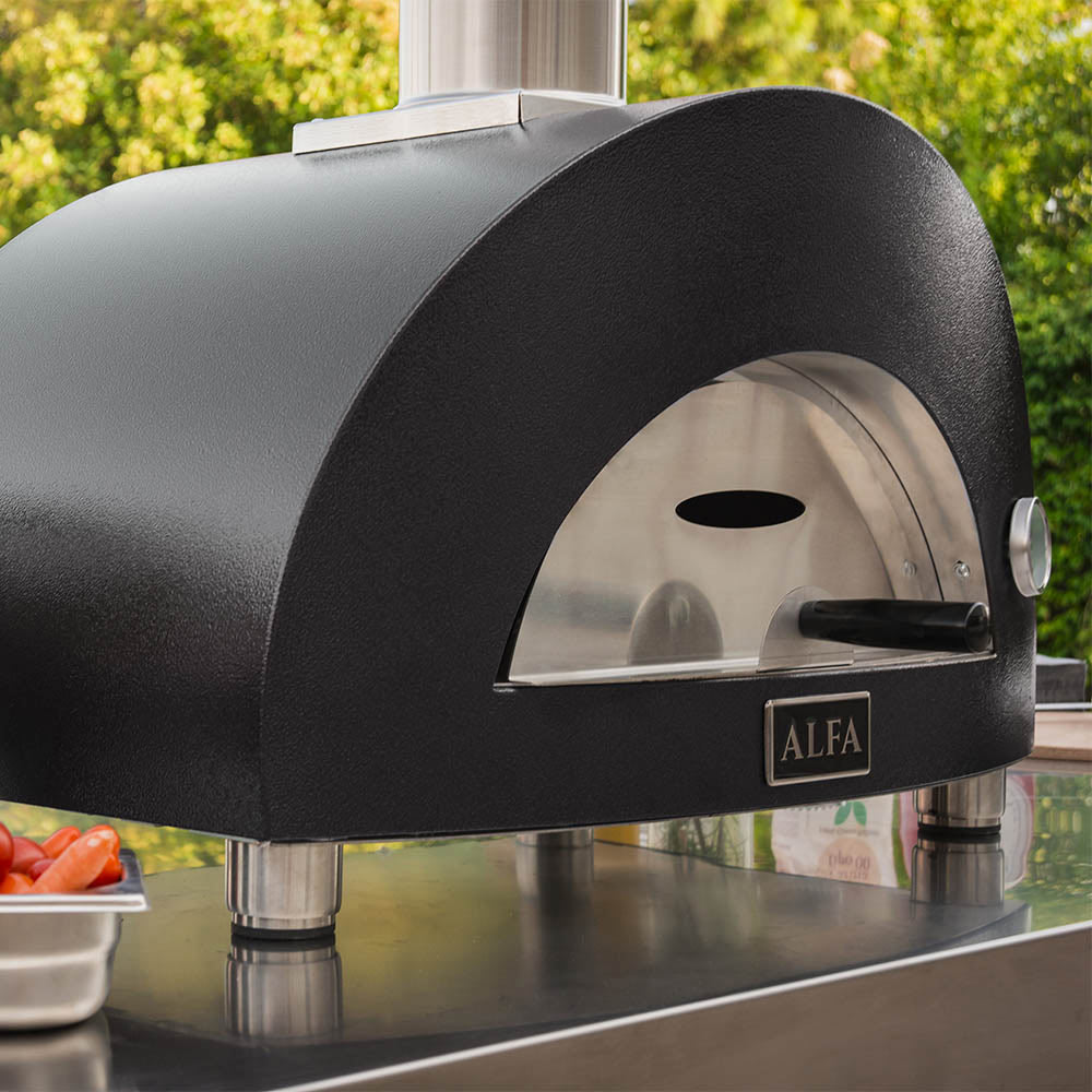 Gas pizza oven front opening with stainless interior and black outer dome