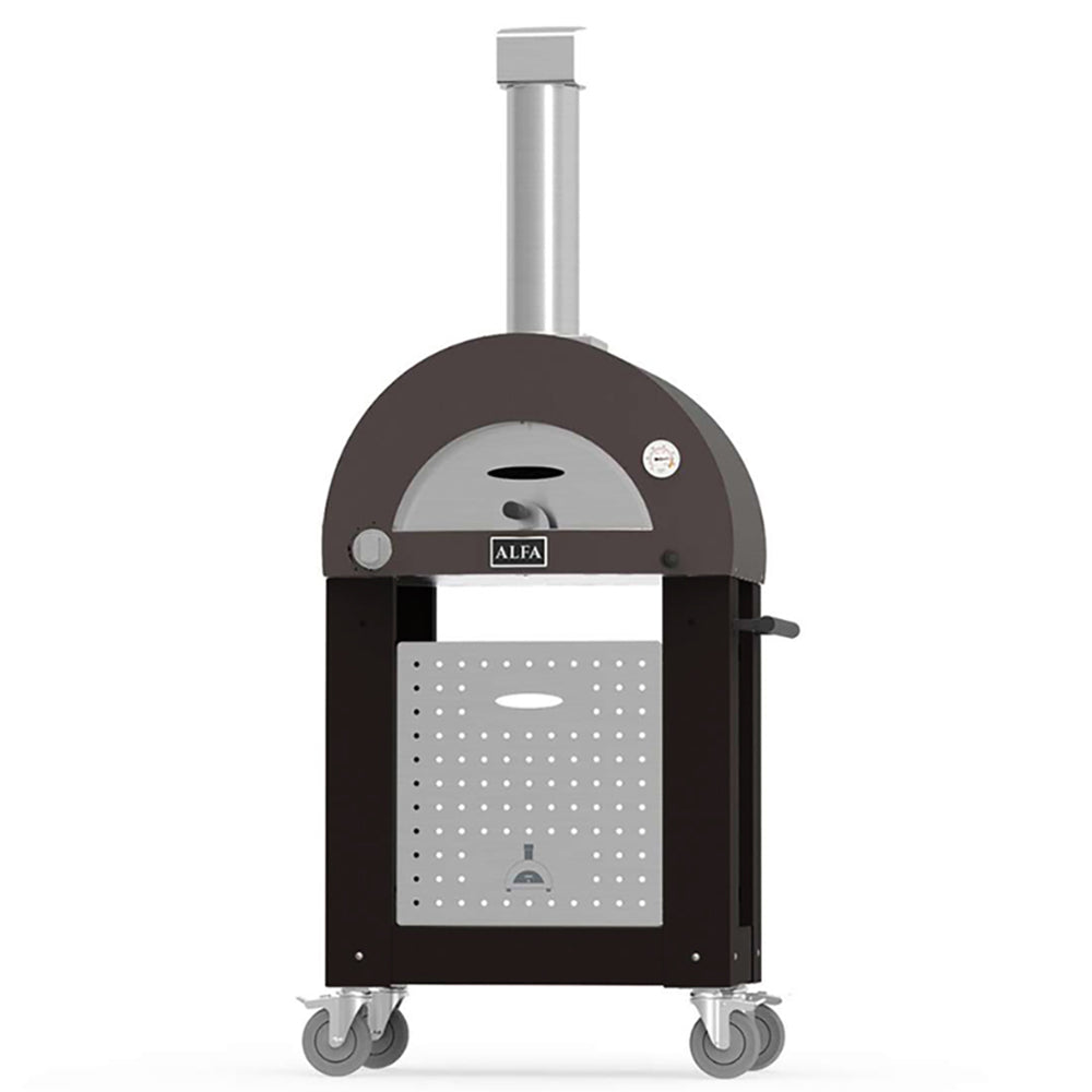 Freestanding Alfa gas pizza oven with black cart and stainless chimney