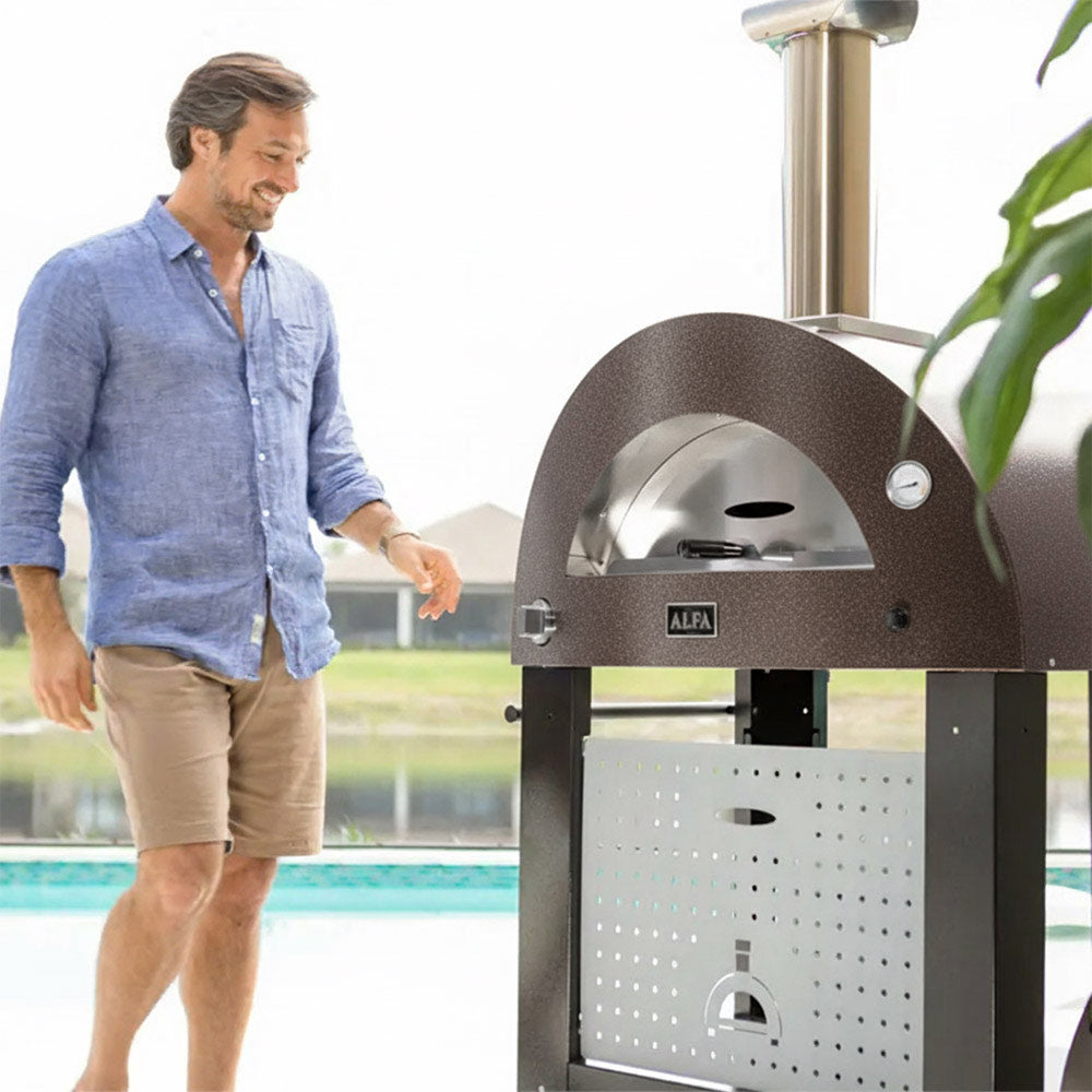 Freestanding Alfa gas pizza oven on cart with open front compartment