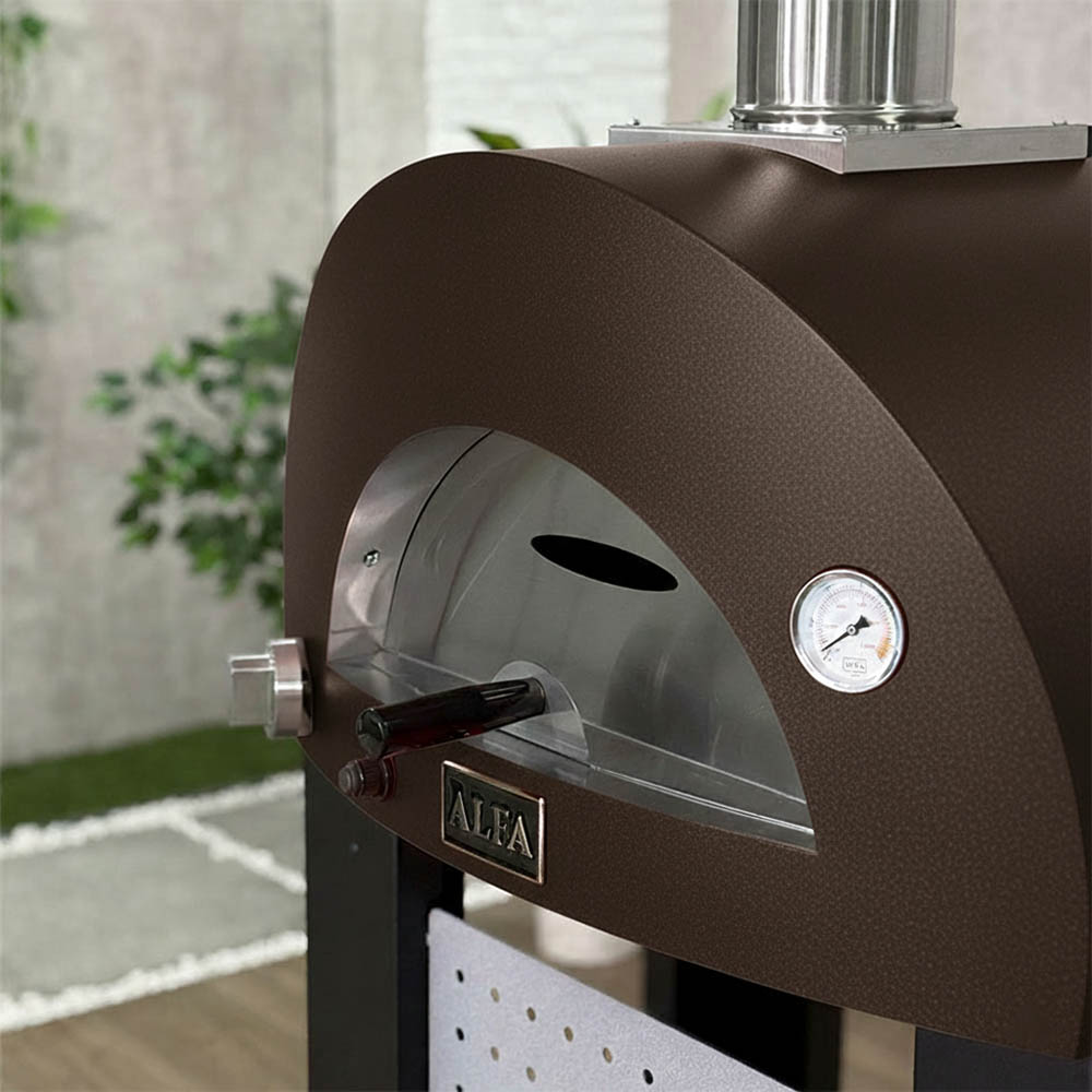 Brown Alfa gas pizza oven dome with glass viewing window and pressure gauge